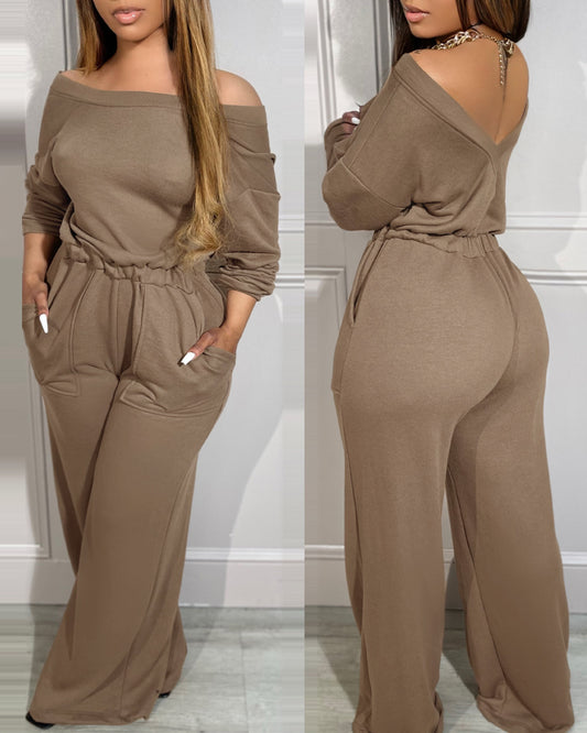 Off Shoulder V Back Elastic Waist Pockets Design Jumpsuit Casual Drop Shoulder Cinched Waist Wide Leg Jumpsuit