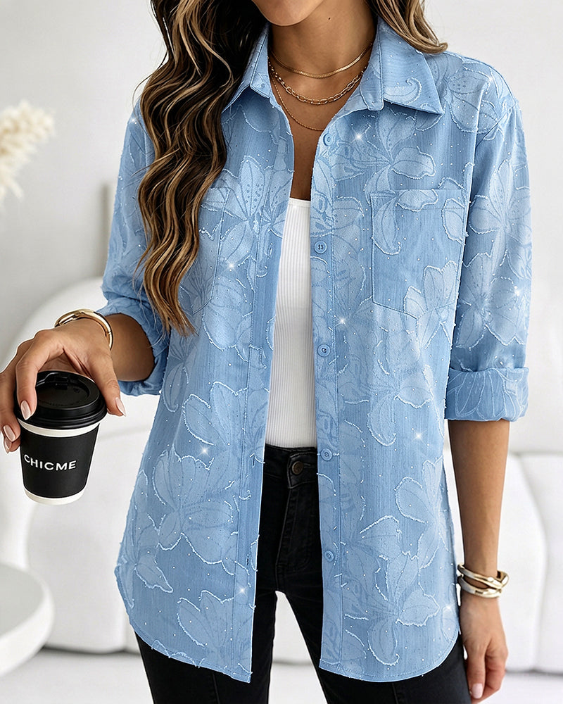 Women's Rhinestone Floral Jacquard Lapel Loose Casual Shirt Button Front Denim Look Top