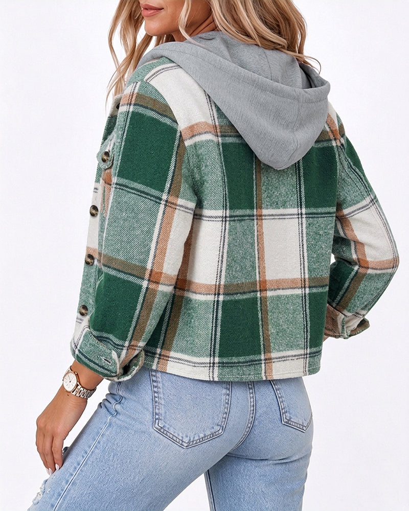 Women's Plaid Detachable Drawstring Hooded Lapel Cropped Jacket