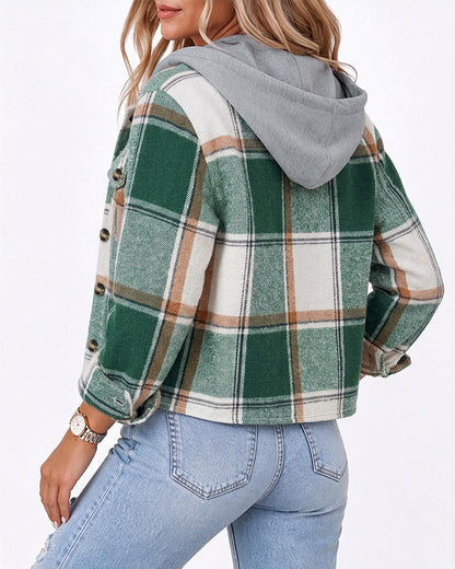 Women's Plaid Detachable Drawstring Hooded Lapel Cropped Jacket