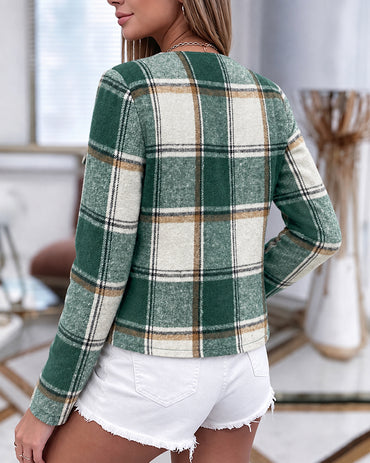 Women's Vintage Plaid Crop Coat Crew Neck Gold Button Flap Pocket Jacket
