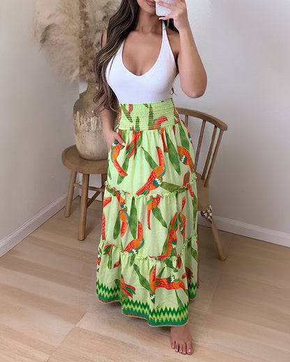 Women's Tropical Toucan Maxi Skirt Shirred High Waist Ruffle Boho Skirt Flowy A-Line Skirt with Pockets