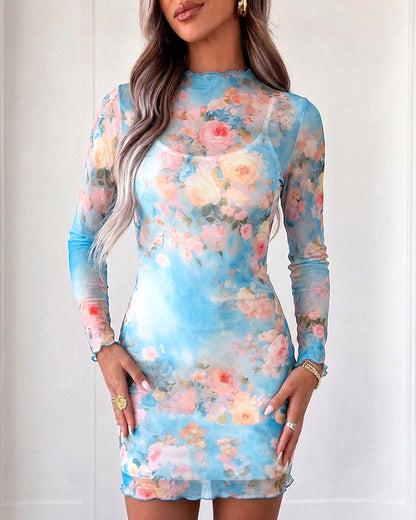 Women's Watercolor Floral Sheer Mesh Mock Neck Mini Dress with Cami Slip Dress