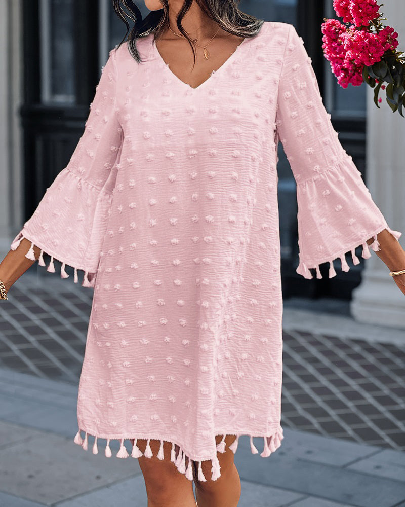 Large Swiss Dot  V-Neck Bell Sleeve Mini Dress Casual Loose Fit Dress