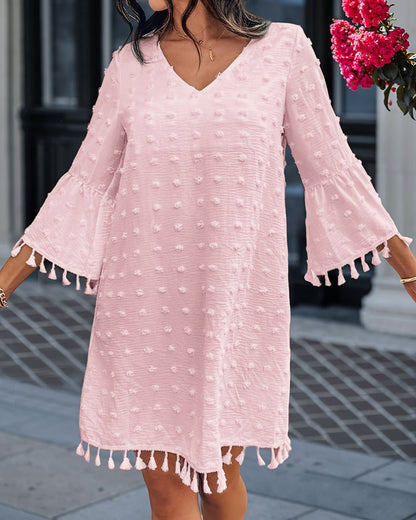 Large Swiss Dot  V-Neck Bell Sleeve Mini Dress Casual Loose Fit Dress