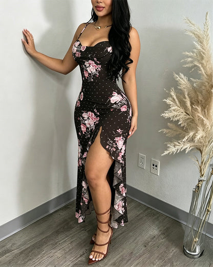 Women's Floral Cowl Neck Cami Midi Dress Casual Rhinestone Mesh Vacation Dress Slit Ruffle Hem Sundress