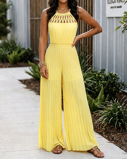 Women's Halter Tie Cutout Pleated Jumpsuit High Waist Shirred Wide Leg Overalls