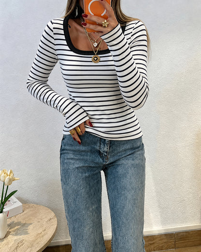 Women's Striped U-Neck Long Sleeve Top Contrast Trim Fitted T Shirt