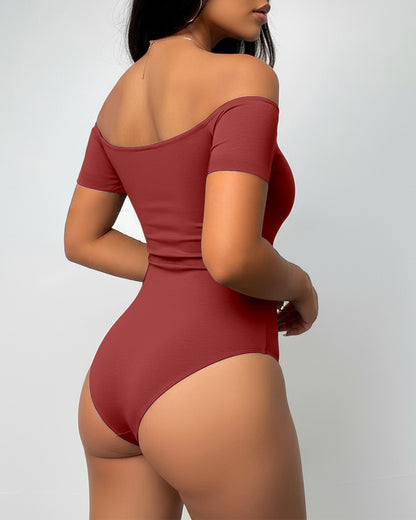 Off Shoulder Short Sleeve Minimalist Slim Fit Bodysuit