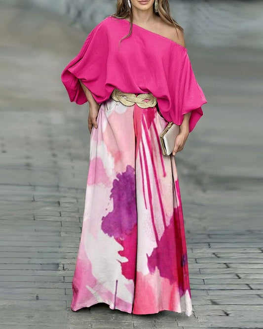 2 Pieces Outfit Skew Neck Batwing Sleeve Stretchy Hem Top and Casual Watercolor Ink Splash Print Zipper Fly Elastic Back Waist Wide Leg Pants Set without Belt