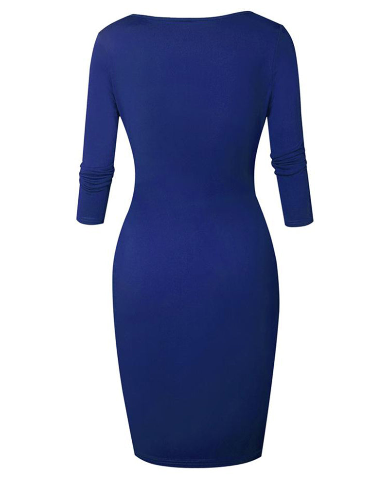Square Neck Half Sleeves Bodycon Dress Full Front Zip Split Midi Dress