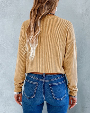 Women's Ribbed Knit Long Sleeve Top Casual Seam Crewneck Pullover