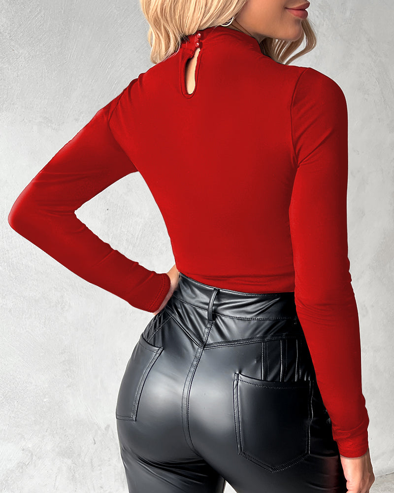 Mock Neck Long Sleeve Rhinestone Decor Top