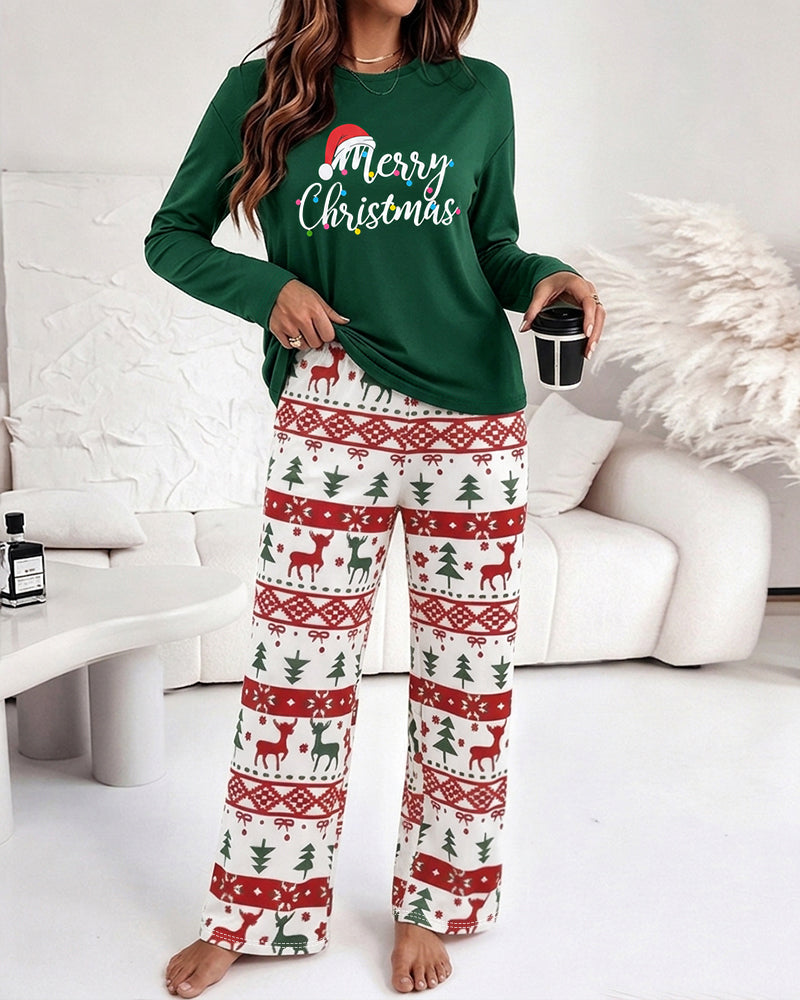 Women's Two Piece Pajamas Set Slogan Print Top and Christmas Print Pants Casual Lounge Set