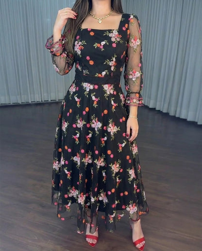 Vintage Square Neck Flared Cuffs Embroidered Floral Pattern Sheer Mesh Overlay Maxi Dress Elegant Shirred Back Cinched Waist Backless Evening Dress with Belt