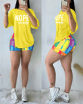 2 Pieces Outfit Letter Print Round Neck Short Sleeve Casual Top and Tie Dye Print Slim Fit Shorts Set