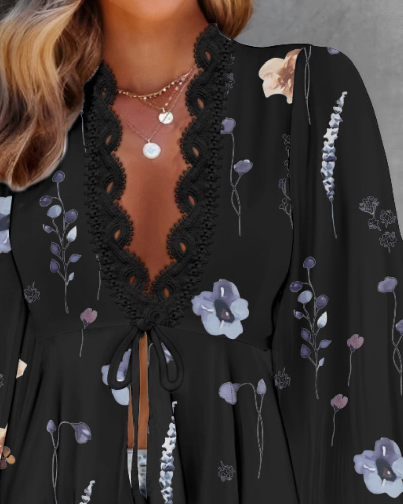 Floral Print Deep V-Neck Lantern Sleeve Casual Contrast Lace Tied Detail Blouse