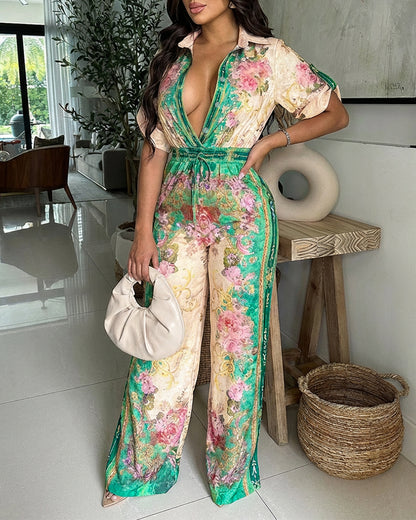 Vintage Floral Print Turn-down Collar Roll Up Sleeve Button Front Overalls Casual Drawstring Stretchy Waist Wide Leg Vacation Jumpsuit