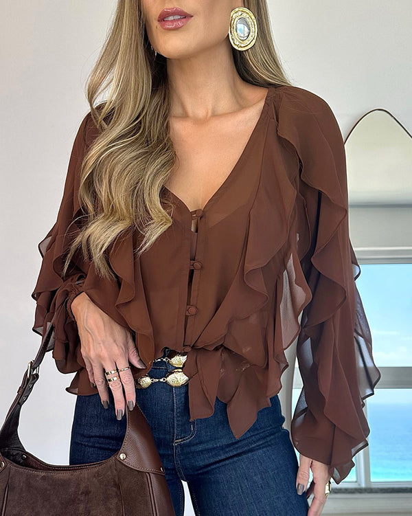 V Neck Shoulder Ruffles Design Blouse Casual Button Front Long Sleeve Top