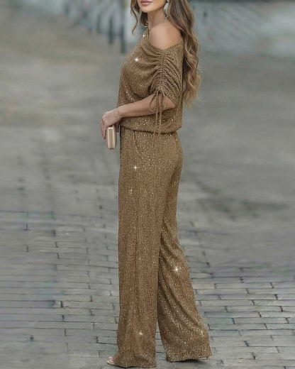 Women's Two-Piece Rhinestone Lounge Suit Skew Neck Top and Wide-Leg Pant Set Elegant Commuter Outfit with Pockets
