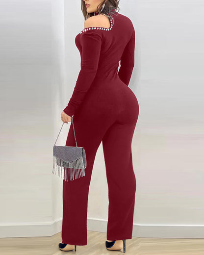 Women's Cold Shoulder Rhinestone Long Sleeve Jumpsuit Mock Neck Flare Leg Overalls