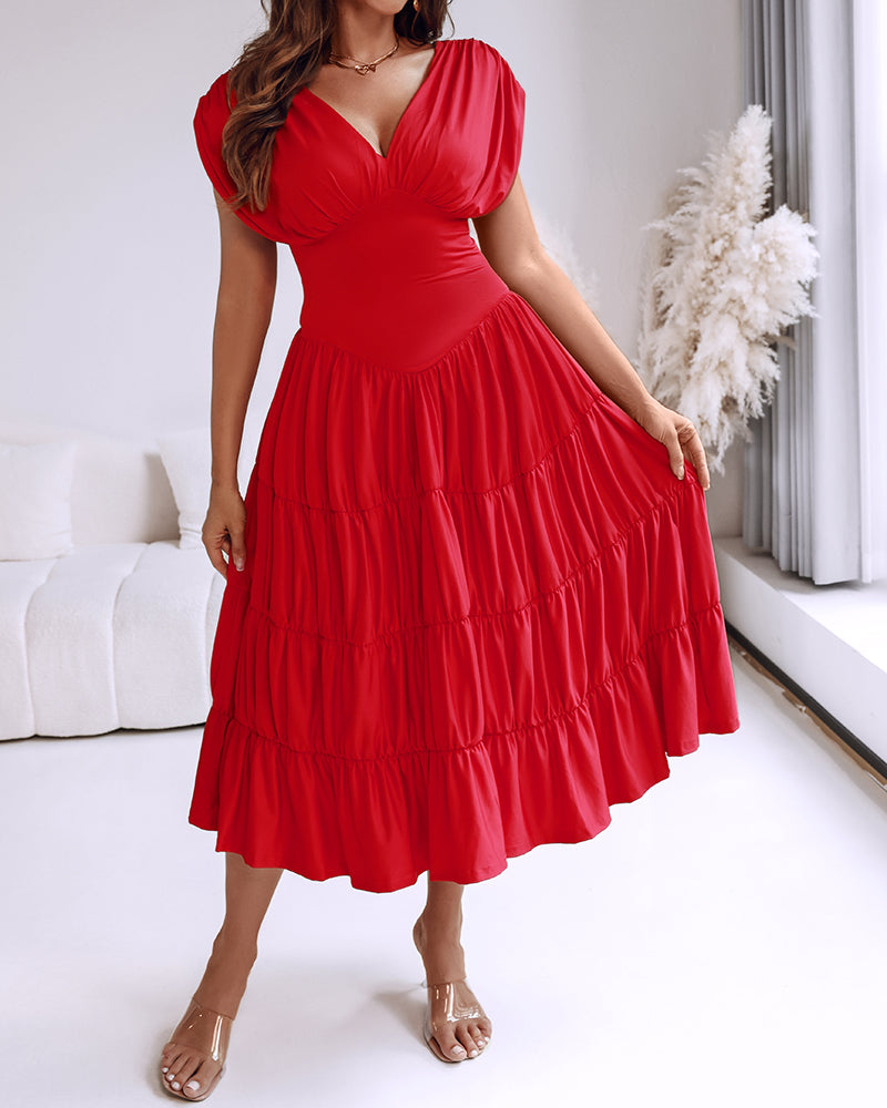 Textured V Neck Sleeveless Ruched Ruffles Hem Dress Casual Waist A Line Party Midi Dress