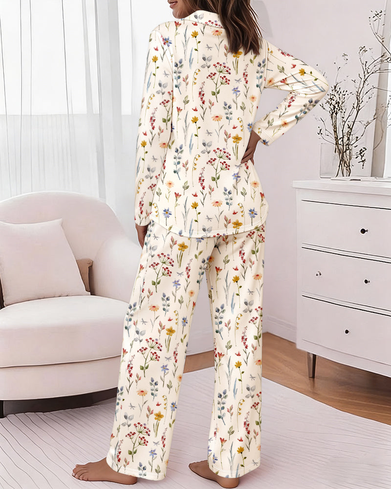 Women's Ditsy Floral Pajamas Set Long Sleeve Button Down Notched Collar Top and Straight Leg Pants Casual Sleepwear