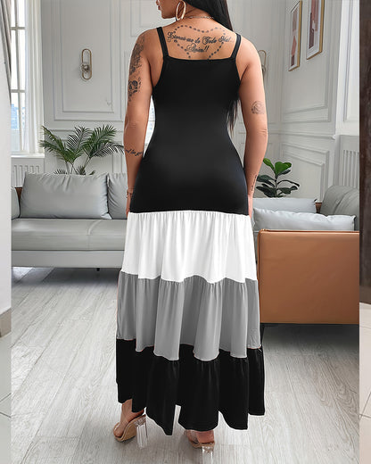 Spaghetti Strap Colorblock Ruched Ruffles Maxi Dress