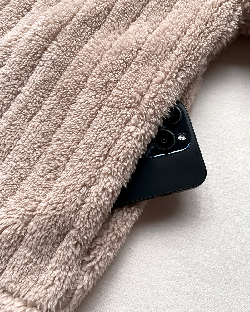 Textured Striped Turn-down Collar Button Front Elastic Cuff and Hem Teddy Fleece Jacket With Decorative Flap Pockets