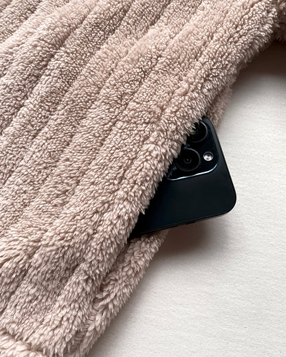 Textured Striped Turn-down Collar Button Front Elastic Cuff and Hem Teddy Fleece Jacket With Decorative Flap Pockets