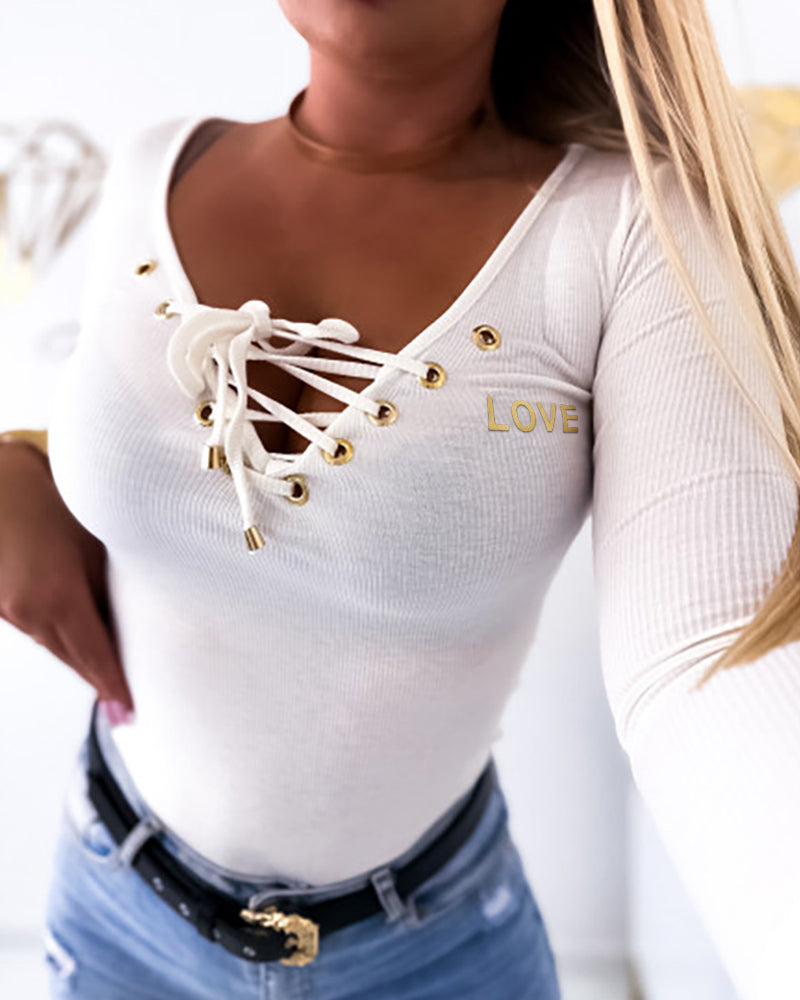 Lace-Up V-Neck Long Sleeve Ribbed Knit Shirt Casual Slim Fit Top