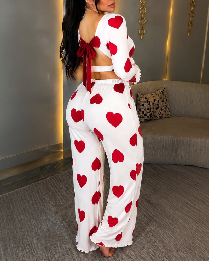 Women's Heart Print Pajama Set Backless Tied Detail Crop Top and High Waist Straight Leg Pants