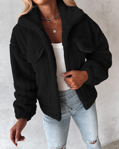 Textured Striped Turn-down Collar Button Front Elastic Cuff and Hem Teddy Fleece Jacket With Decorative Flap Pockets