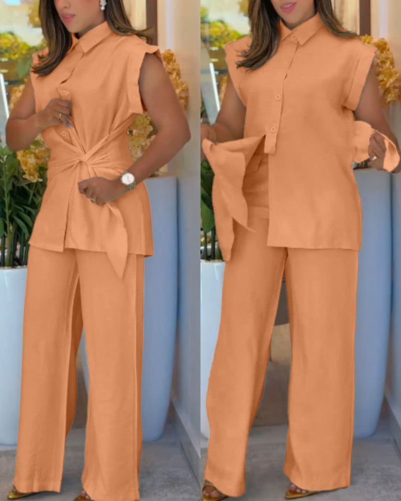 2 Pieces Outfit Turn-down Collar Cap Sleeve Button Front Tied Detail Top and Casual Zipper Fly Elastic Back Waist Wide-Leg Pants Set