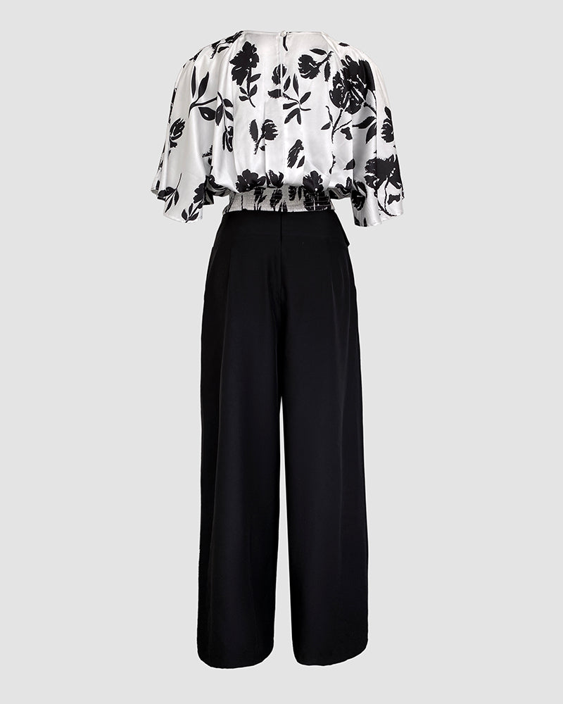 2 Pieces Outfit Floral Print Round Neck Bell Sleeve Satin Top and High Waist Wide Leg Work Pants Set