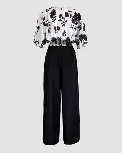 2 Pieces Outfit Floral Print Round Neck Bell Sleeve Satin Top and High Waist Wide Leg Work Pants Set