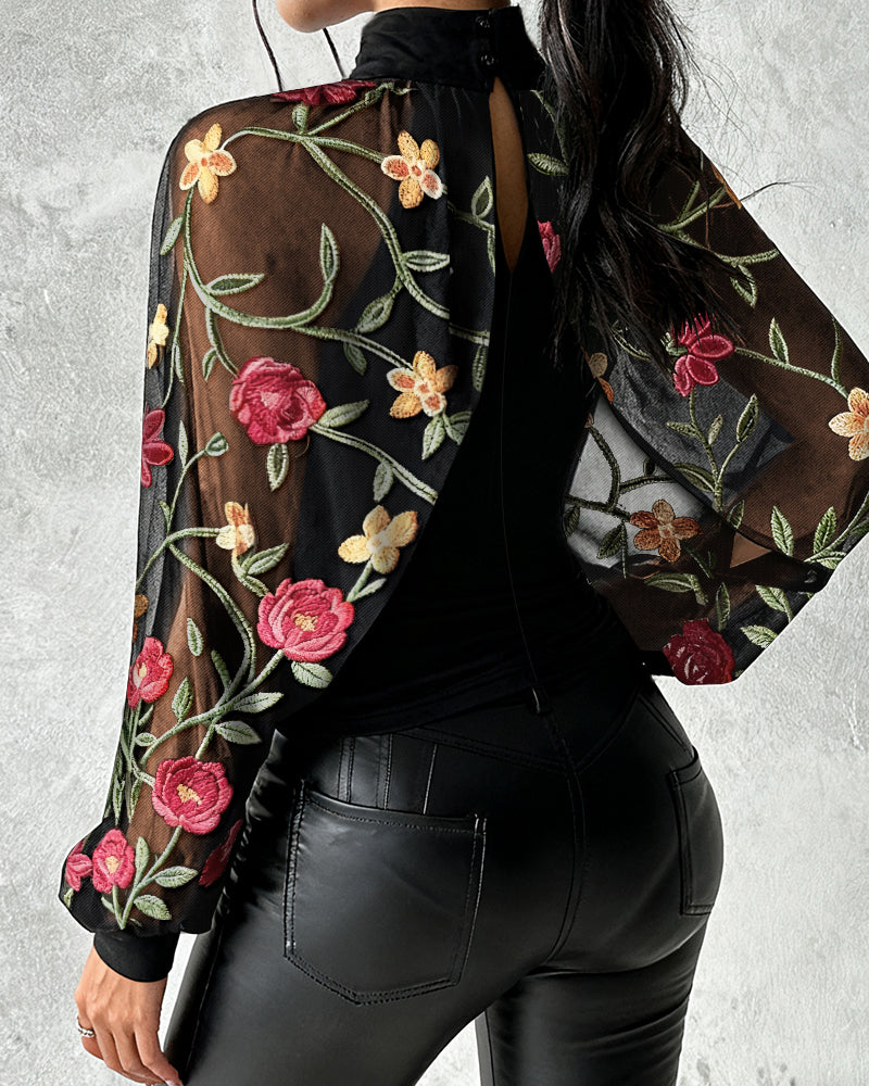 Mock Neck Floral Embroidery Cape-style Mesh Lantern Sleeve Spliced Blouse Ruched Hollow-out Back Slim Fit Top