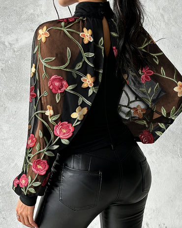 Mock Neck Floral Embroidery Cape-style Mesh Lantern Sleeve Spliced Blouse Ruched Hollow-out Back Slim Fit Top