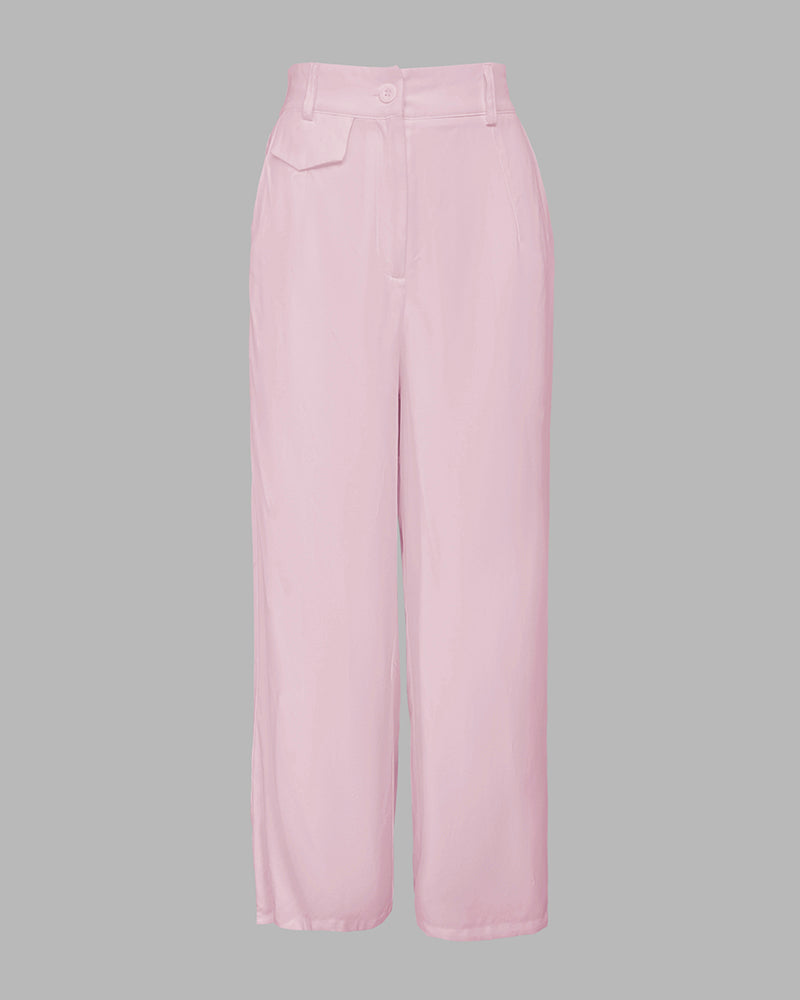 2 Pieces Outfit Turn-down Collar Cap Sleeve Button Front Tied Detail Top and Casual Zipper Fly Elastic Back Waist Wide-Leg Pants Set