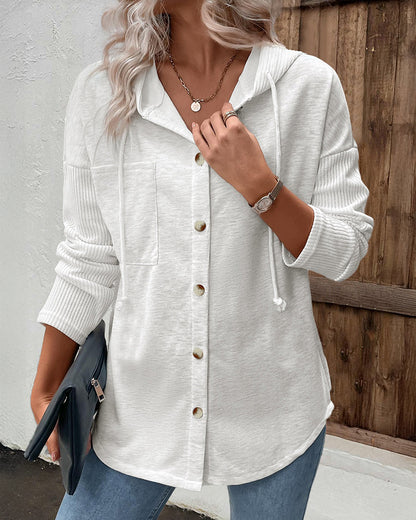 Long Sleeve Knit Ribbed Spliced Button Front Drawstring Hoodie Jacket Casual Drop Shoulder Pocket Design Asymmetrical Hem Coat