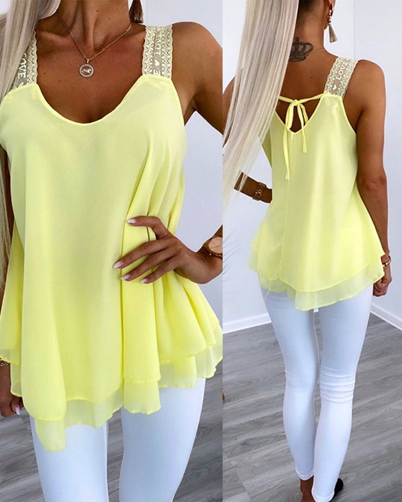 U Neck Thick Strap Tank Contrast Lace Tied Detail Top