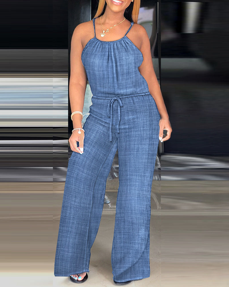 Womens Spaghetti Strap Drawstring Tied Waist Jumpsuit Casual Overalls