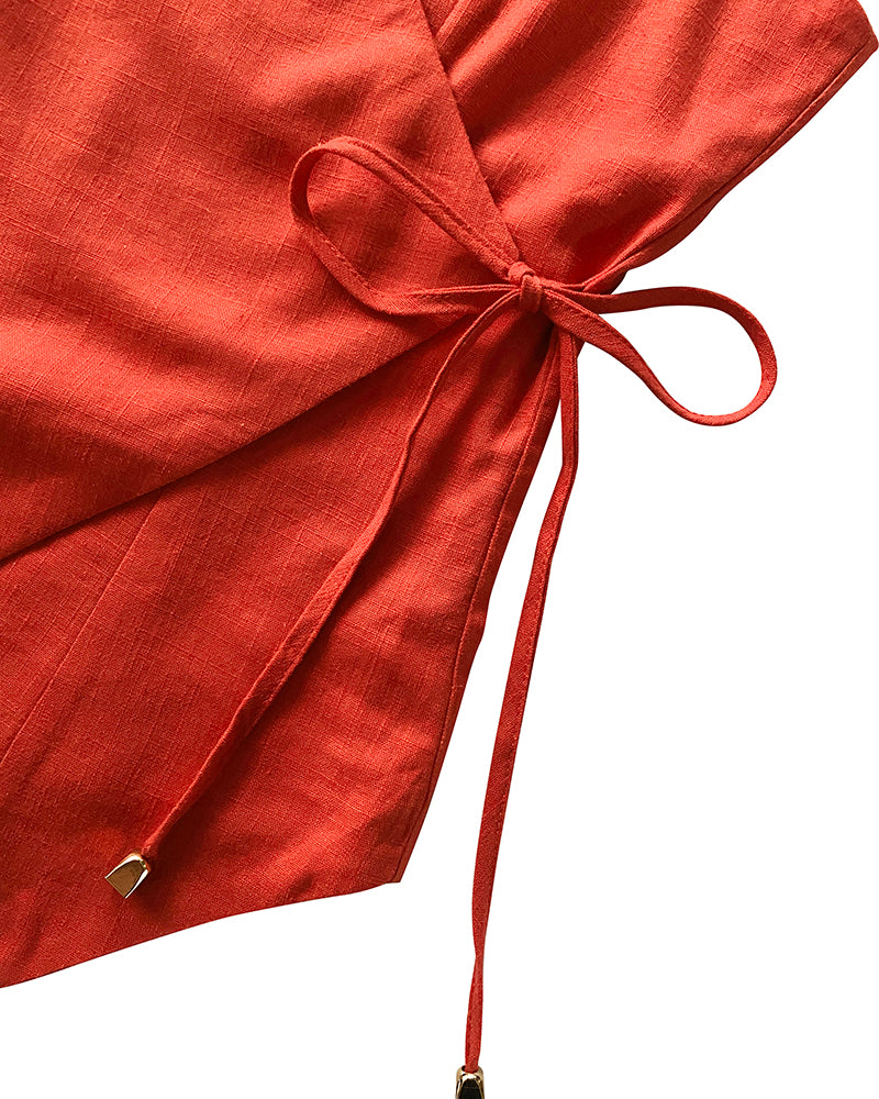 2 Pieces Outfit Plain Wrap V Neck Criss Cross Tied Detail Linen Top and Casual Pockets Patch Shorts Set