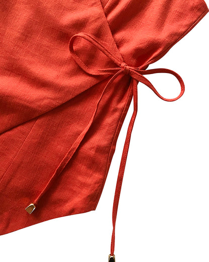 2 Pieces Outfit Plain Wrap V Neck Criss Cross Tied Detail Linen Top and Casual Pockets Patch Shorts Set