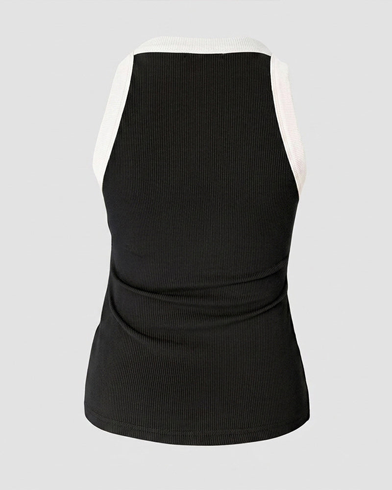 Women's Contrast Binding Racerback Tank Top Slim Fit Ribbed Crewneck Top