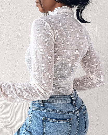 Lace Frill Hem Mock Neck Long Sleeve T-Shirt Sexy Floral Sheer Mesh Hollow Out Top