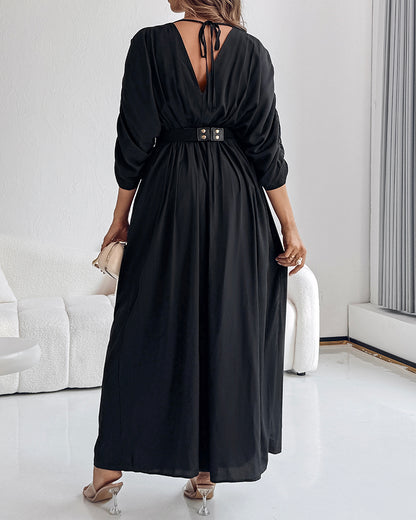 Deep V-Neck Ruched Three Quarters Sleeve Backless Overalls Casual Waist-Gathered Tied Detail Jumpsuit without Belt