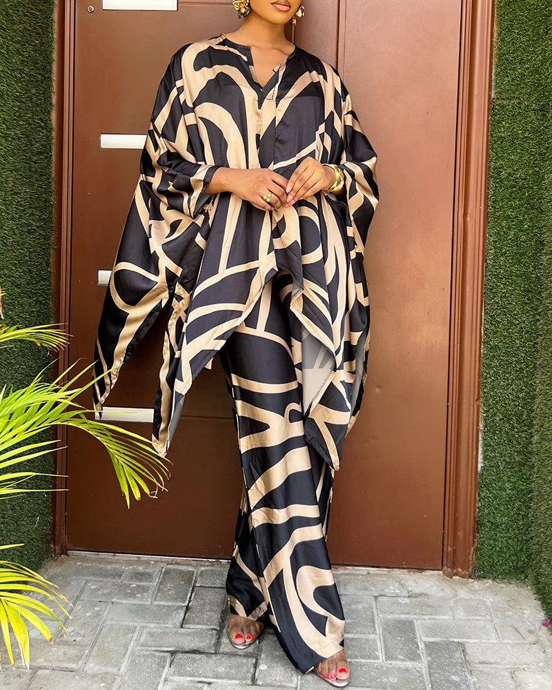 2 Pieces Outfit Abstract Print Batwing Sleeve Asymmetrical Top and Casual Wide Leg Pants Set