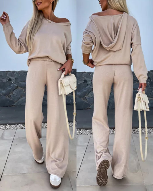 Women's Two-Piece Knit Set Long Sleeve Hoodie Top and Wide-Leg Pants Set Casual Cozy Lounge Outfit