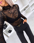 Women's Mock Neck Sheer Lace Top Long Sleeve See Through Layering Shirt